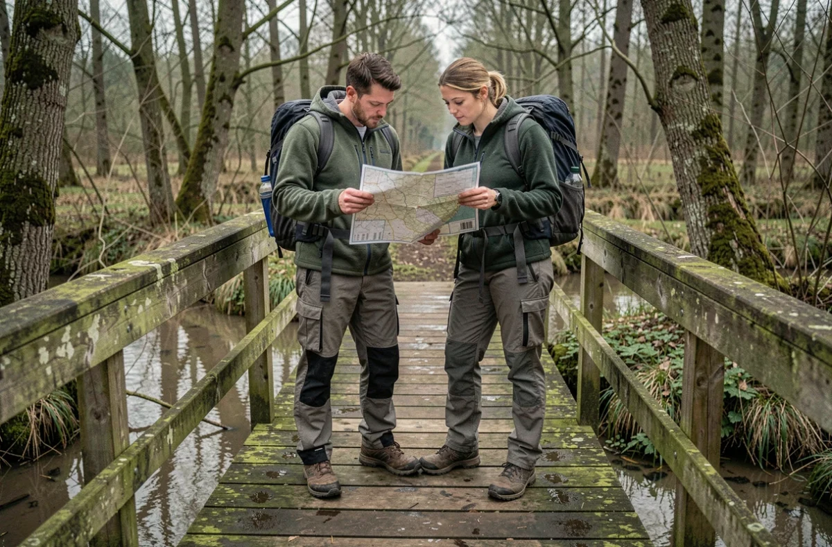 Deux randonneurs consultant une carte topographique sur un pont en bois enjambant un ruisseau en forêt de Mormal