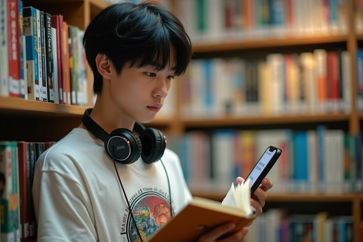 Adolescent cherchant un chapitre précis dans un manga physique en comparant avec un index sur smartphone