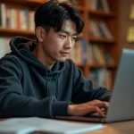Jeune homme recherchant un chapitre de manga sur son ordinateur portable entouré de volumes manga