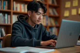 Jeune homme recherchant un chapitre de manga sur son ordinateur portable entouré de volumes manga