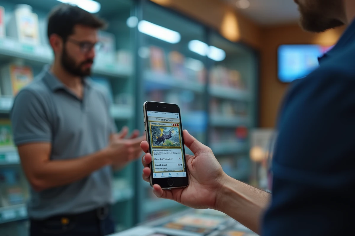 Collectionneur consultant les prix du marché sur smartphone avant de négocier une carte Pokémon rare avec un vendeur professionnel