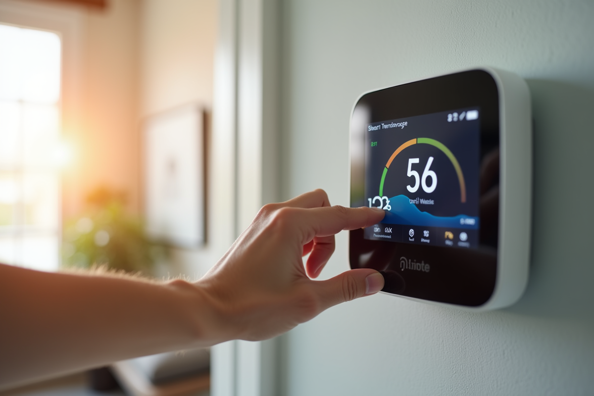 Main ajustant thermostat intelligent dans un intérieur durable