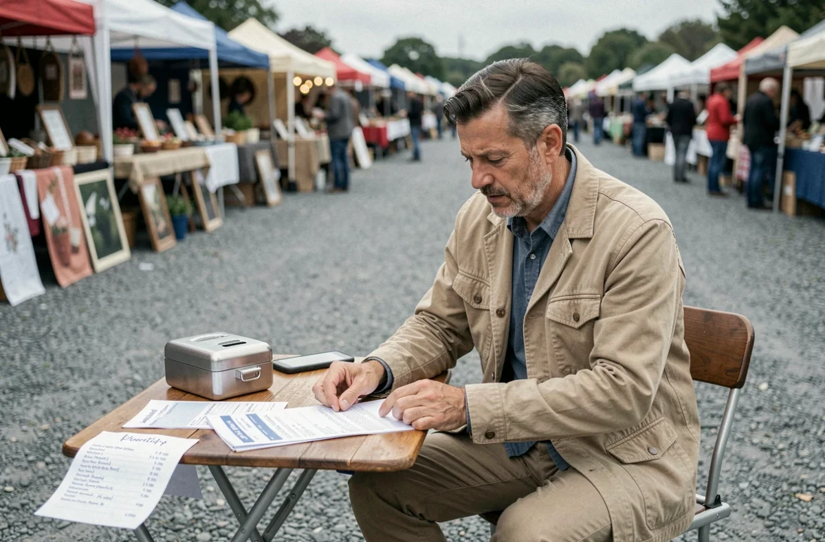 Organisateur de brocante consultant les réservations d'emplacements sur smartphone