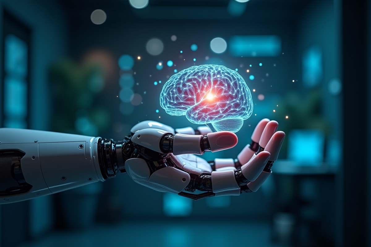 Main robotique tenant un cerveau numérique lumineux dans un espace high tech