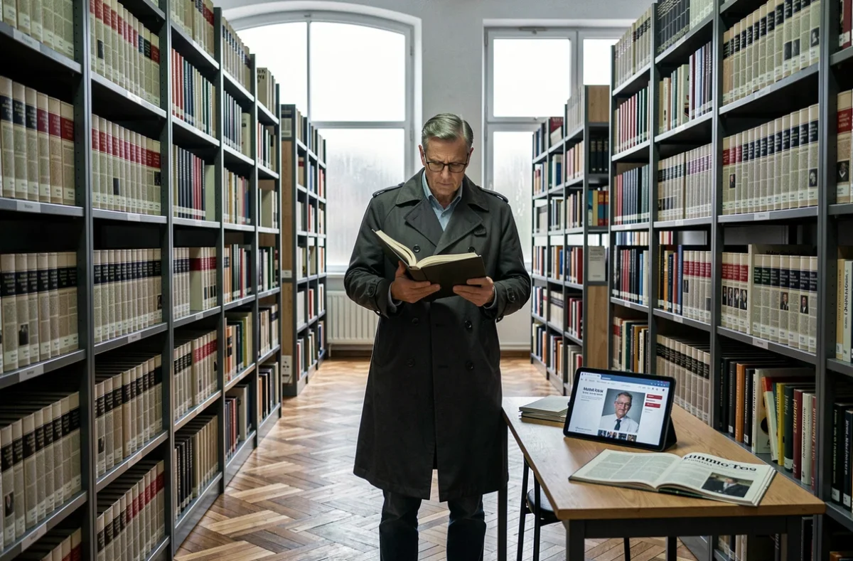 Vue grand angle d'une salle d'archives de presse avec un journaliste consultant des documents biographiques sur une tablette