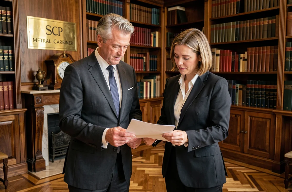 Les avocats associés de la SCP Metral Carbiner à Annecy consultant un document juridique dans leur cabinet
