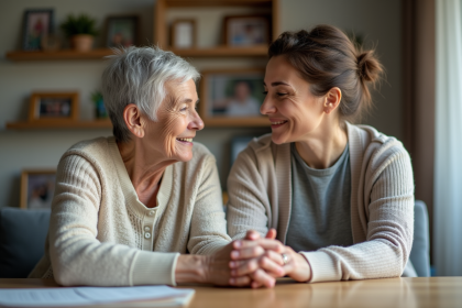 Seniore et aidante assises ensemble dans un salon chaleureux