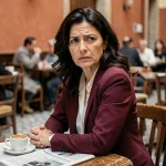 Femme espagnole à l'air méfiant dans un café de Madrid, ambiance suspense série Netflix 2026