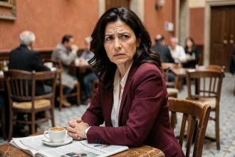Femme espagnole à l'air méfiant dans un café de Madrid, ambiance suspense série Netflix 2026