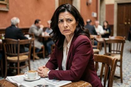 Femme espagnole à l'air méfiant dans un café de Madrid, ambiance suspense série Netflix 2026