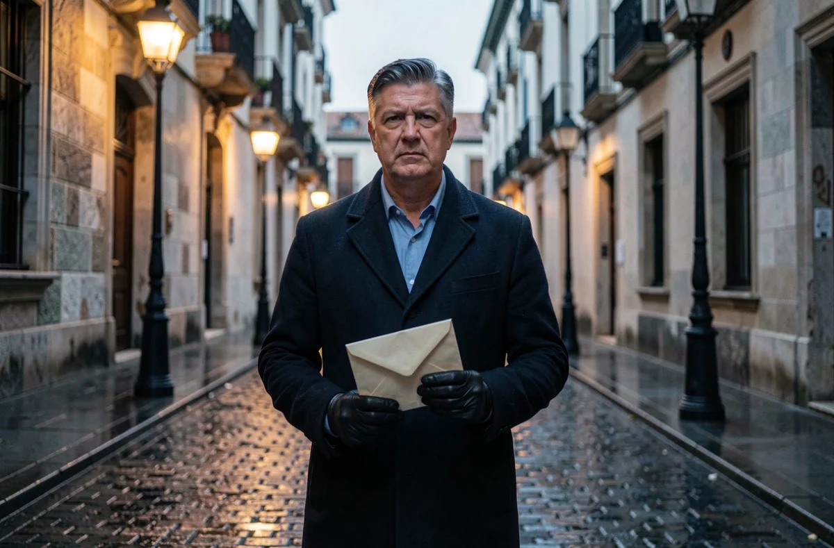 Homme mystérieux dans une ruelle pavée de Séville sous la pluie, atmosphère thriller série espagnole Netflix