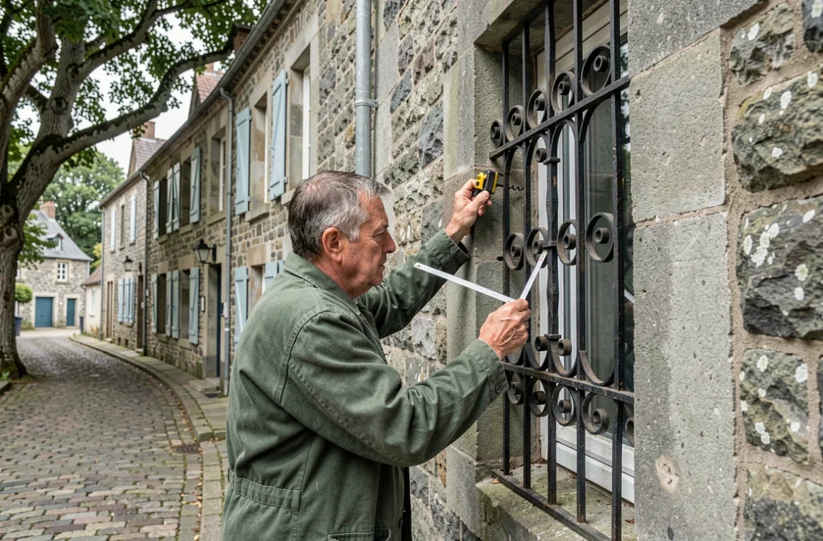 Artisan de la serrurerie et métallerie de Caden installant une grille en fer forgé sur une fenêtre en pierre dans un village historique du Morbihan
