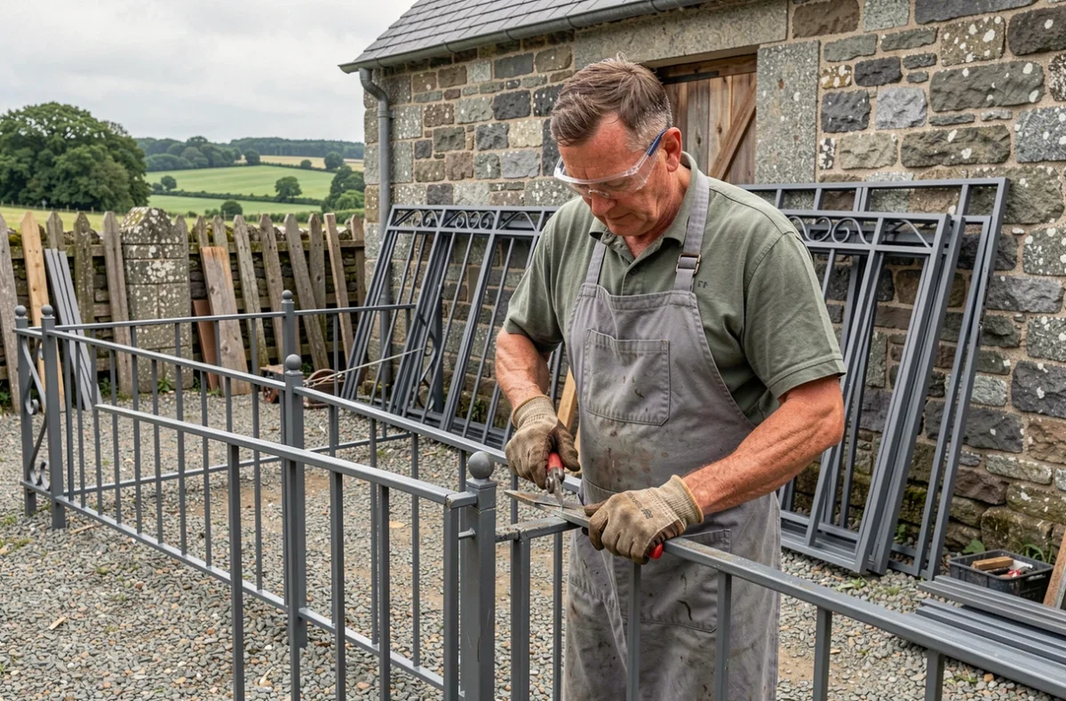 Artisan de la serrurerie et métallerie de Calan ajustant des rampes en fer forgé dans une cour d'atelier rural du Morbihan