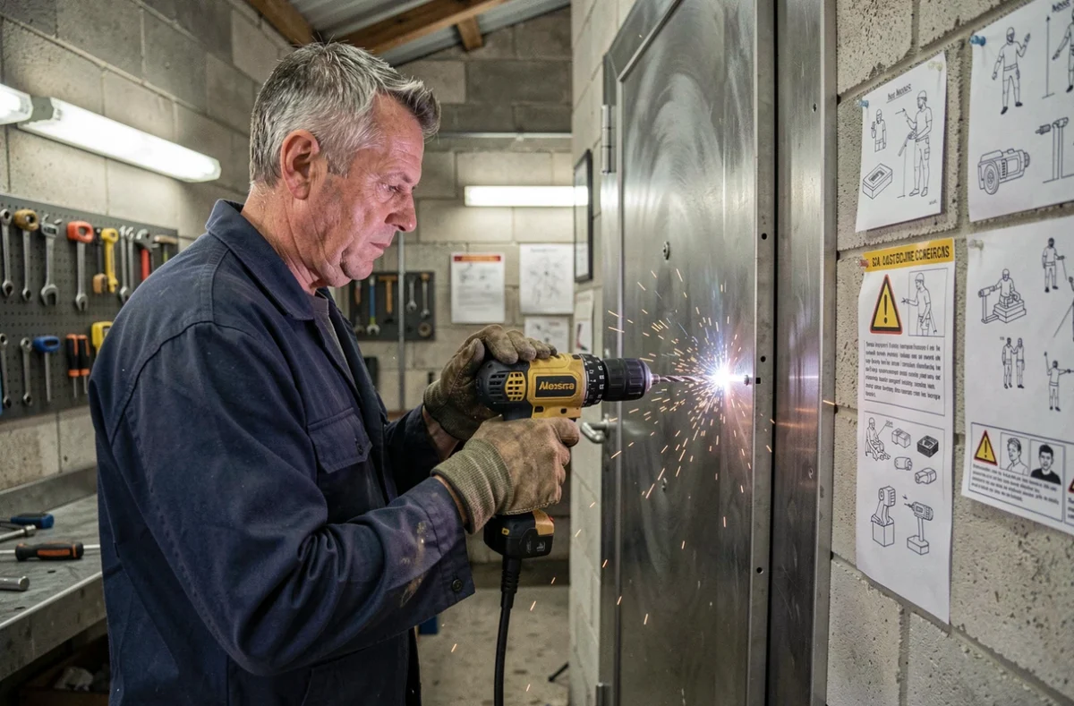 Métallier serrurier de Larré perçant un panneau de porte sécurisée en acier dans son atelier artisanal rural du Morbihan