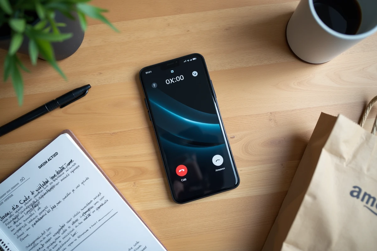Smartphone affichant un numéro de téléphone entrant posé sur un bureau avec une confirmation de commande Amazon