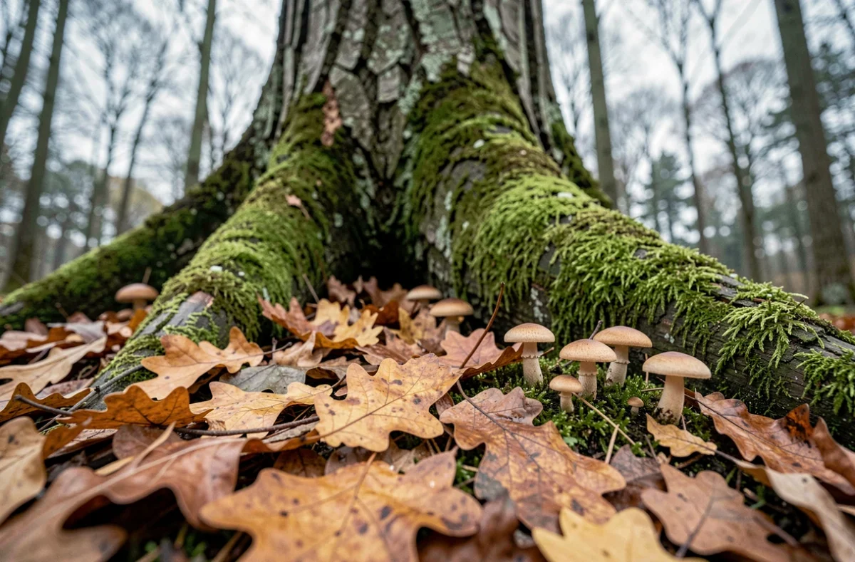 Sol de la forêt de Mormal avec feuilles mortes, mousses et champignons sauvages au pied d'un vieux hêtre