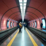 Station de métro moderne à Toulouse avec architecture en brique rose et voyageurs sur le quai