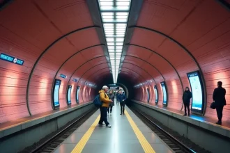 Station de métro moderne à Toulouse avec architecture en brique rose et voyageurs sur le quai