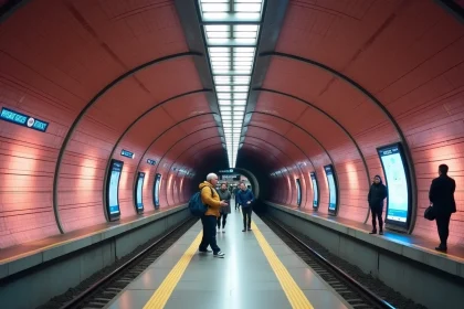 Station de métro moderne à Toulouse avec architecture en brique rose et voyageurs sur le quai