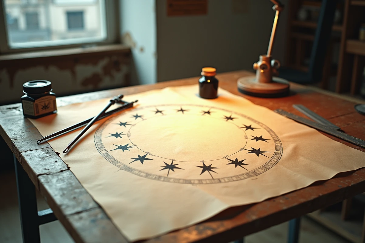 Table à dessin vintage des années 1950 avec des esquisses à l'encre des douze étoiles du drapeau européen