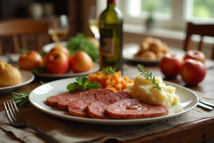 Table festive avec boudin blanc et purée