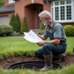 Technicien vérifiant une fosse septique dans un jardin