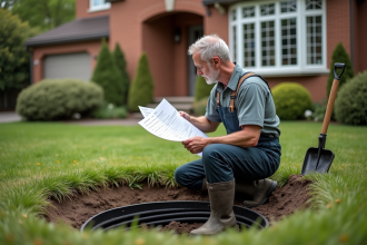 Technicien vérifiant une fosse septique dans un jardin