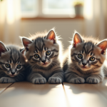 Trois chatons gris jouant dans un salon ensoleille