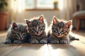 Trois chatons gris jouant dans un salon ensoleille