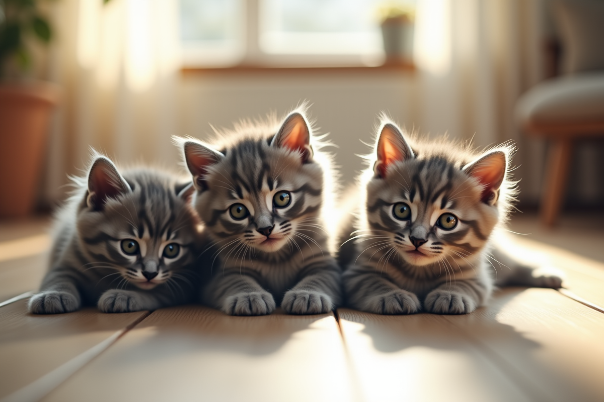 Trois chatons gris jouant dans un salon ensoleille