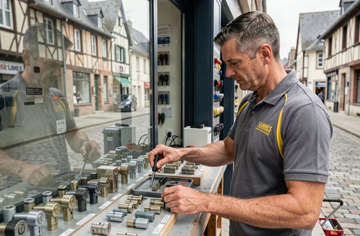 Technicien de Vannes Serrures organisant un présentoir de cylindres et verrous dans une boutique de serrurerie en centre-ville de Vannes