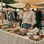 Vendeur au vide grenier avec table couverte d'objets vintage dans les Yvelines