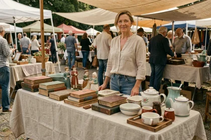 Vendeur au vide grenier avec table couverte d'objets vintage dans les Yvelines