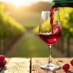 Verre de vin rouge avec label sulfites sous lumière naturelle