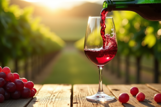Verre de vin rouge avec label sulfites sous lumière naturelle