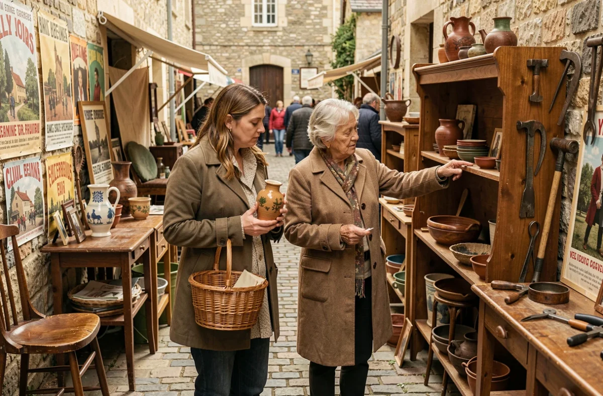 Visiteurs cherchant des bonnes affaires dans une brocante en plein air dans le 78