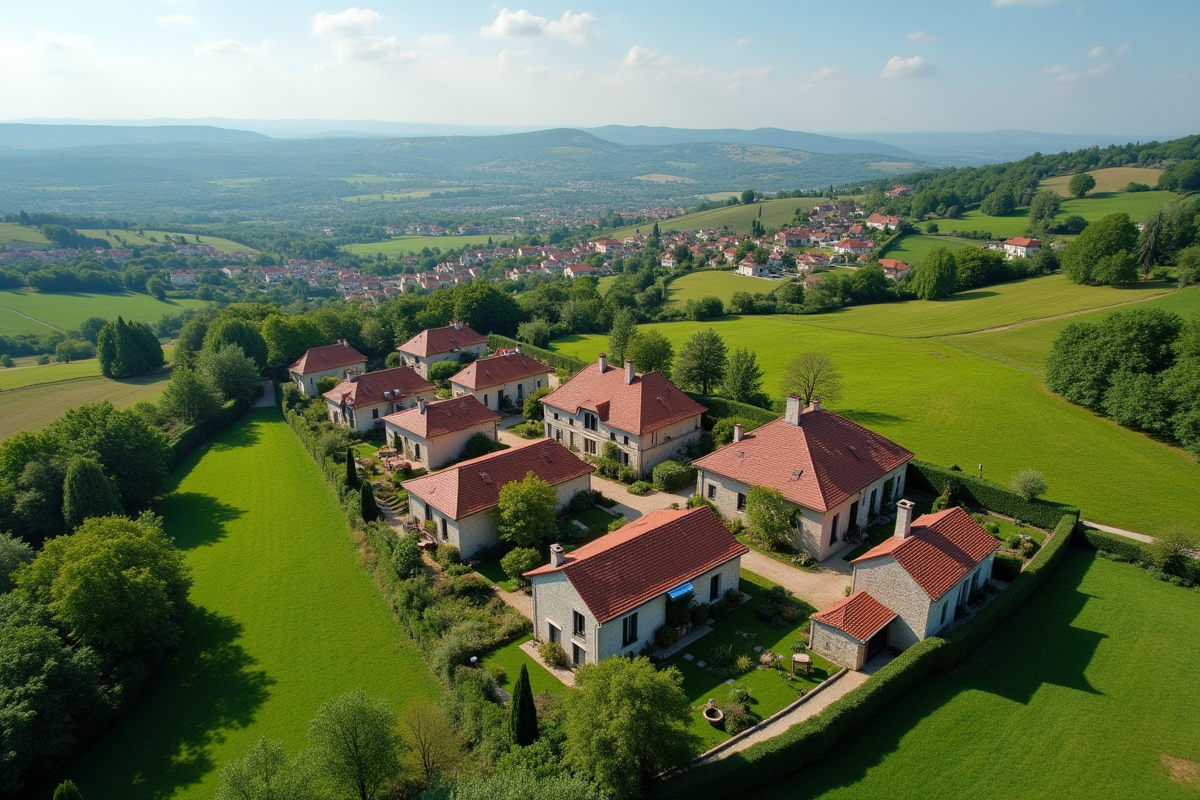 Vue aérienne de maisons abordables avec toits en tuiles rouges en campagne