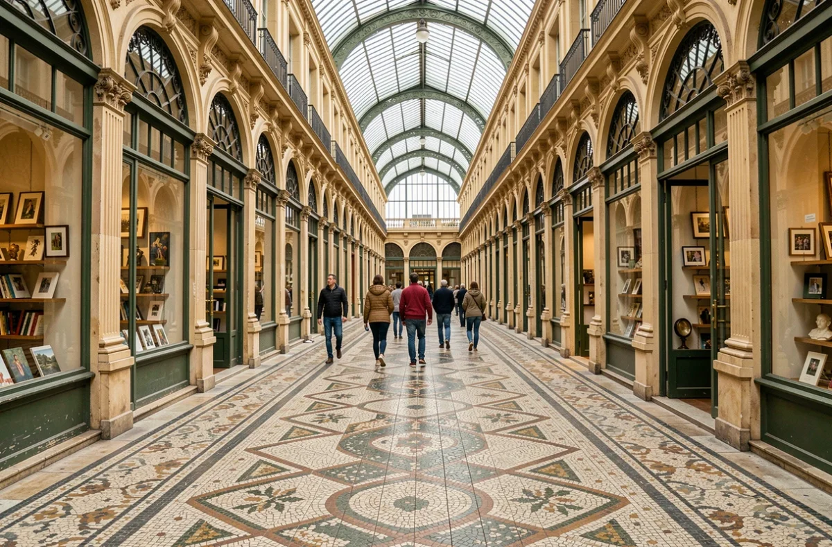Vue en perspective du Passage Vivienne avec ses visiteurs et son architecture du XIXe siècle