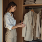 Femme choisissant un blazer dans une garde-robe moderne