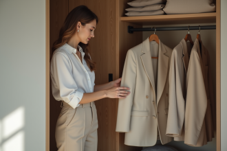 Femme choisissant un blazer dans une garde-robe moderne