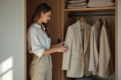 Femme choisissant un blazer dans une garde-robe moderne